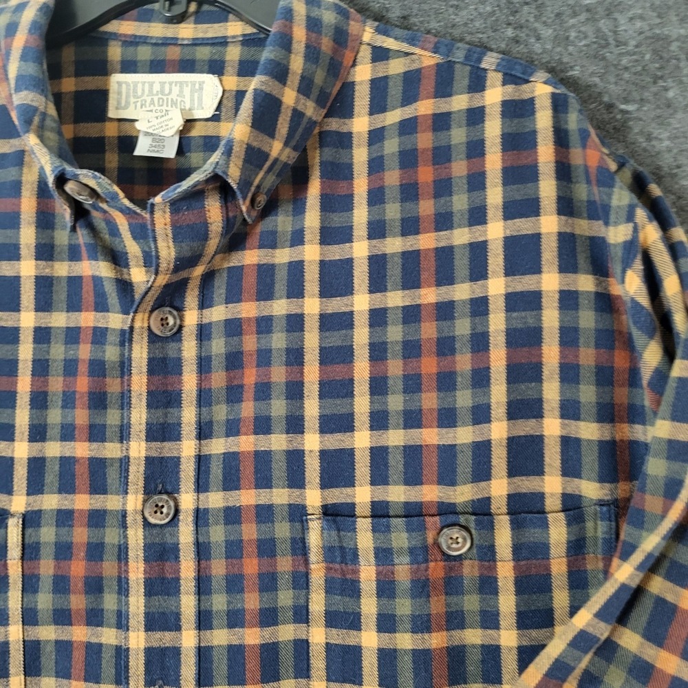 Duluth Trading Co Mens Large Tall Plaid Flannel Button Down Shirt Navy Yellow LT